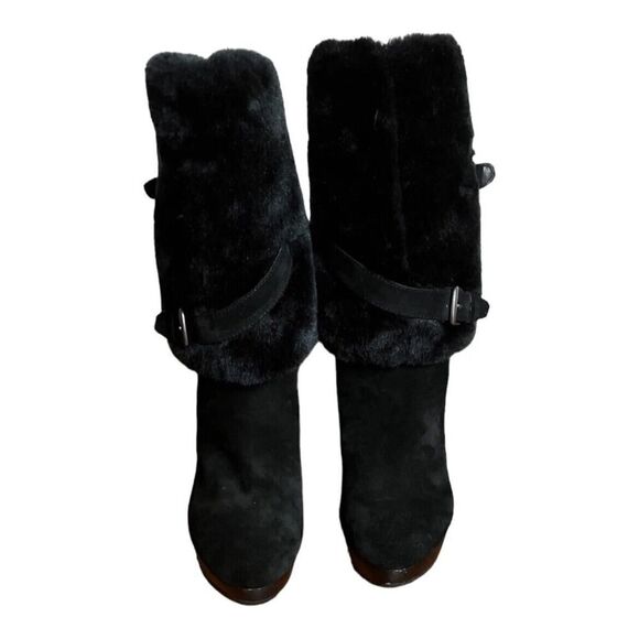 Nine West Priska Suede Platform Faux Fur Black Booties Boots Heeled US Size 7.5M - Picture 6 of 13
